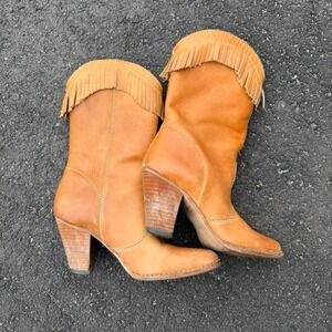 Vintage pull on cowboy boots with fringe campus orange brazil leather western